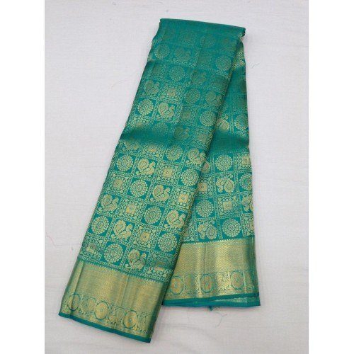Handwoven Mulberry Silk Dharmavaram Handloom Pattu Sarees In Teal Colour With Ornate Border