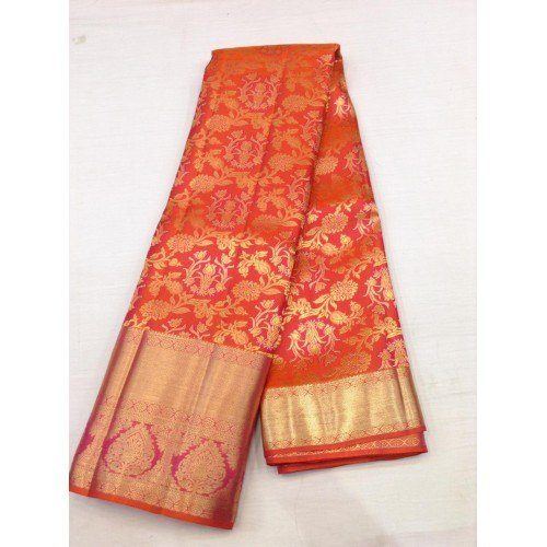Handwoven Mulberry Silk Dharmavaram Handloom Pattu Sarees In Orange Colour With Ornate Border
