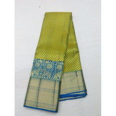 Handwoven Mulberry Silk Dharmavaram Handloom Pattu Sarees In Peacock Green Colour With Ornate Border
