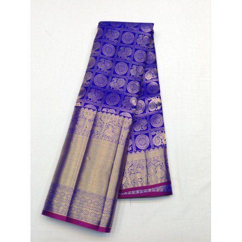 Handwoven Mulberry Silk Dharmavaram Handloom Pattu Sarees In Blue Colour With Ornate Border