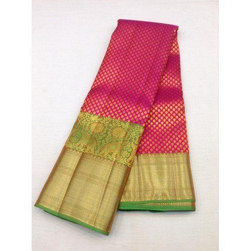 Handwoven Mulberry Silk Dharmavaram Handloom Pattu Sarees In Pink Colour With Golden Ornate Border