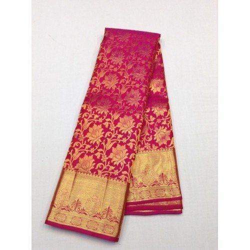Handwoven Mulberry Silk Dharmavaram Handloom Pattu Sarees Dark Pink Colour With Golden Ornate Border