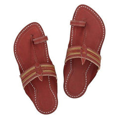 Premium Quality Vintage Style Leather and Jari Fine Braids Cherry Red Kapshi Kolhapuri Chappal for M