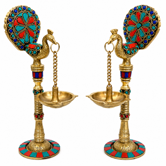 Brass Finish Peacock Deepak Pair With Stone Work