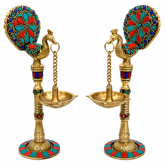 Brass Finish Peacock Deepak Pair With Stone Work