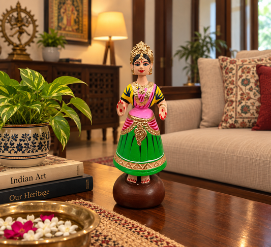 Tanjavur Dancing Doll : 11 Inch, Light Green-Pink-Yellow
