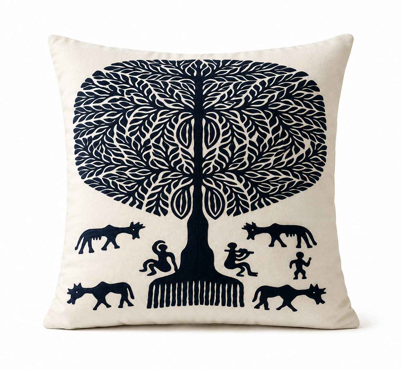Black & White Tree With Villagers Pipli Applique Work