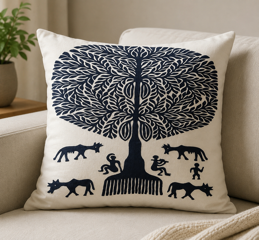 Black & White Tree With Villagers Pipli Applique Work