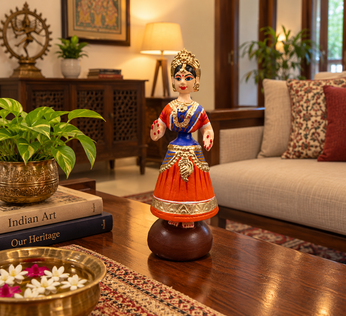Tanjavur Dancing Doll : 11 Inch, Orange-Purple-Orange