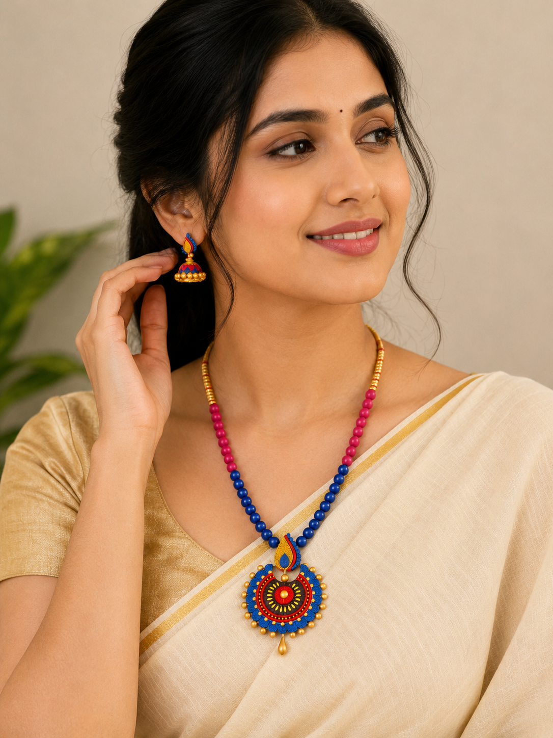 Multi-color Bankura Panchmura Terracotta Craft Necklace Jewellery Set