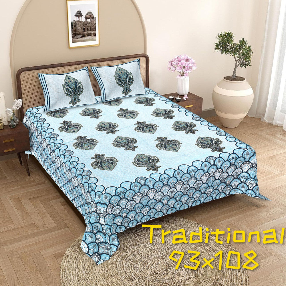 Exclusive Jaipuri Bagru Hand Block Printed Double Bedsheet With Zip Pillow Cover Style 1