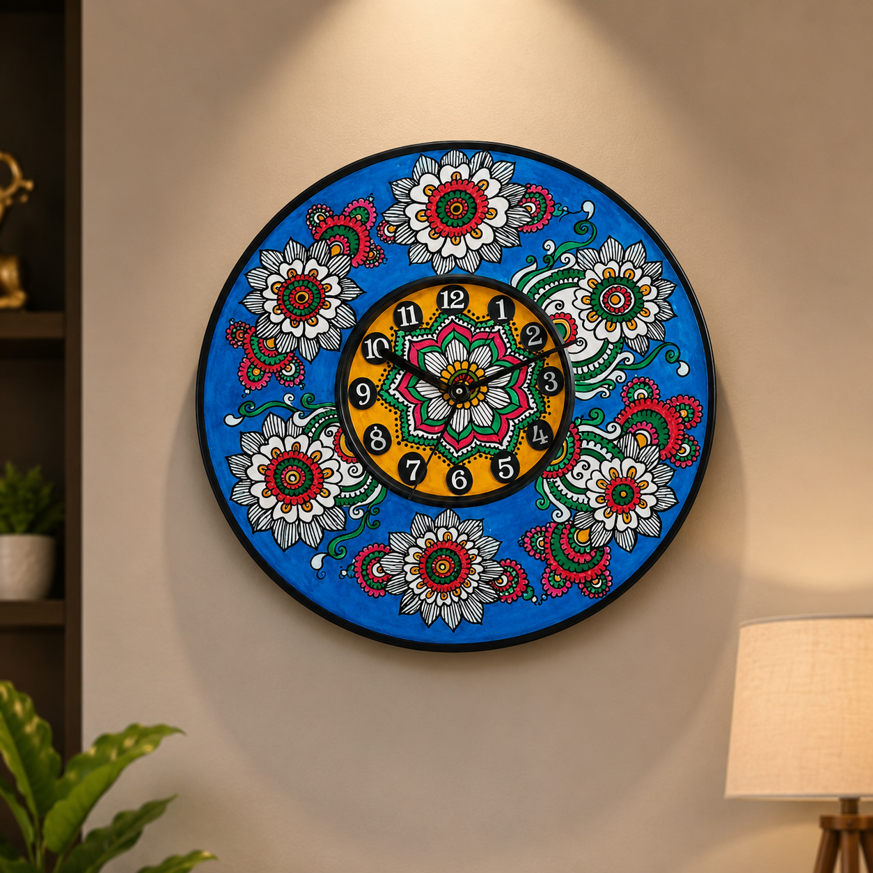 Blue Leather handpainted flower Design clock