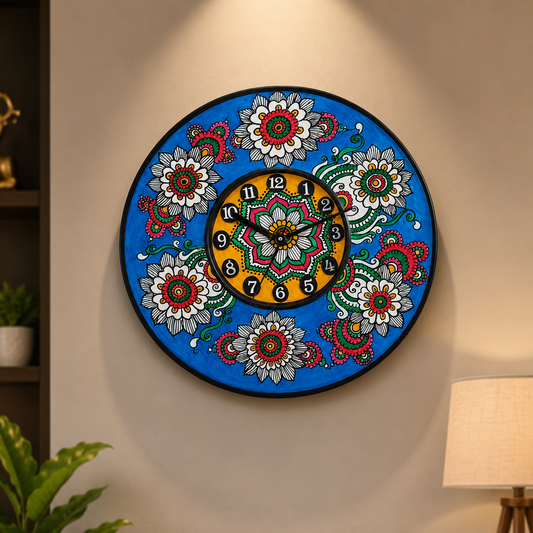 Blue Leather handpainted flower Design clock