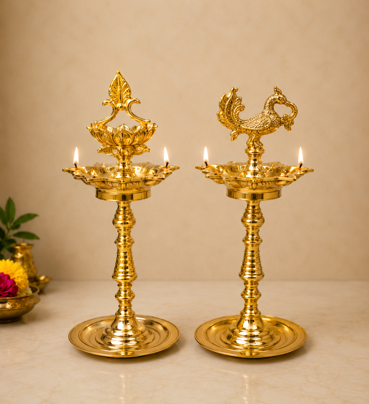 Nachiarkoil Brass Lamp with Annapachi and Thamarai - 16 Inches -Set of 2