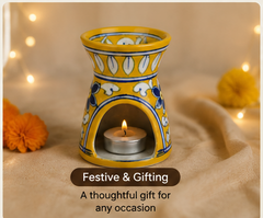 Elegant Yellow Colour Oil Lamp With Flower Design Blue Pottery Of Jaipur