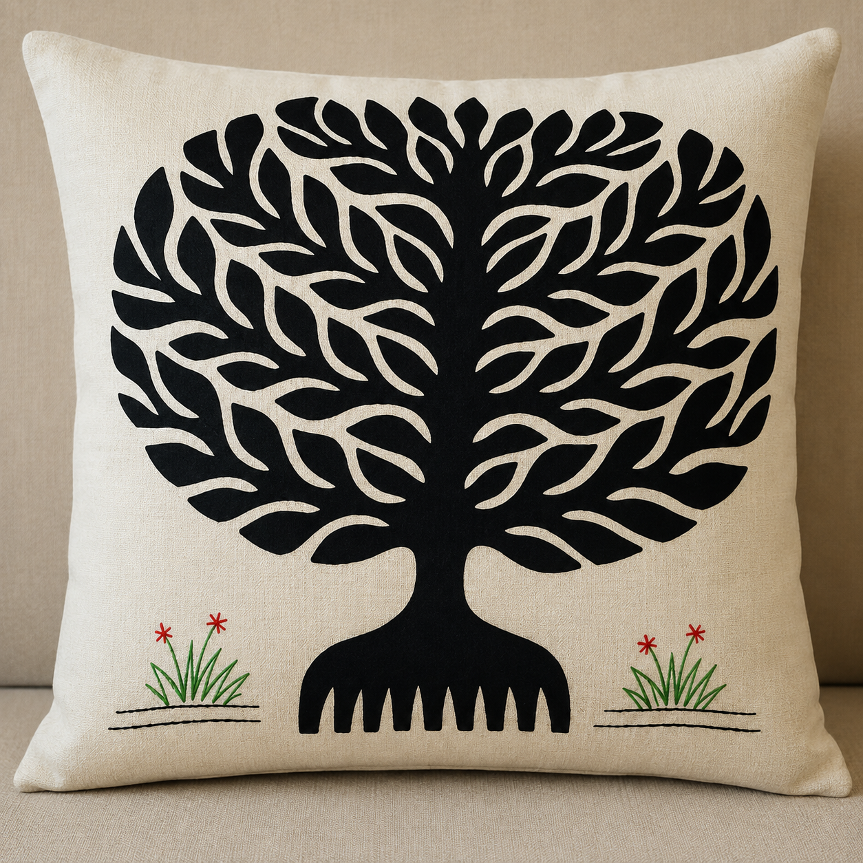 Black Banyan Tree Pipli Appliquie Cushion Cover Single Piece (16