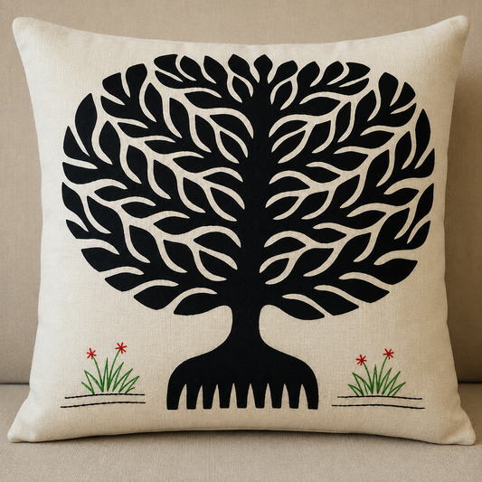 Black Banyan Tree Pipli Appliquie Cushion Cover Single Piece (16