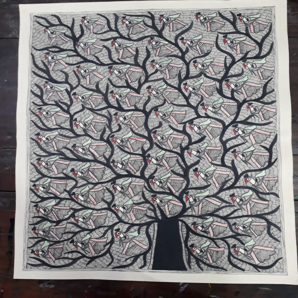 Flock Of Peacocks on A tree Madhubani Painting