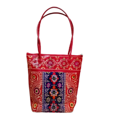 Floral Design Red Leather Hand Bag