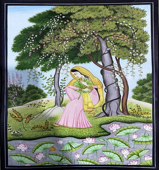 Girl With Lotus Leaf In Hand Painting(9x13 inch)