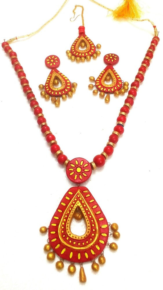 Golden And Red Bankura Panchmura Terracotta Craft Necklace Jewellery Set