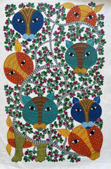 Gond Art Lion Cubs Embedded In Nature