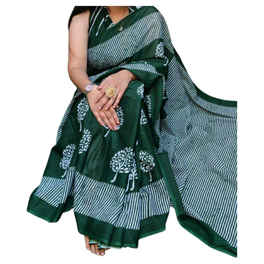 Green and White colour Bagru Print Saree