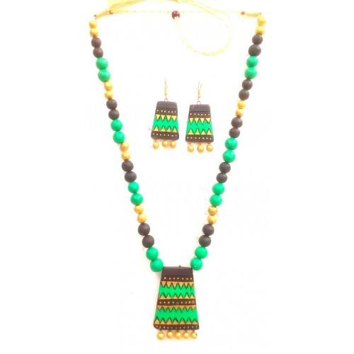 Green & Brown Bankura Panchmura Terracotta Craft Necklace Jewellery Set