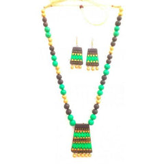 Green & Brown Bankura Panchmura Terracotta Craft Necklace Jewellery Set