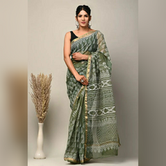 Green Colour Printed Kota Doria Pure Cotton Saree