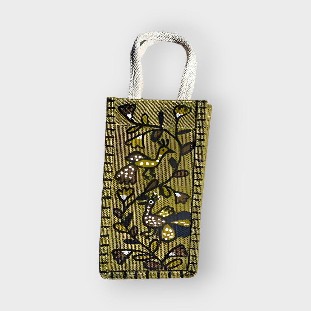 Green Floral Khovar Jute Bottle Bag