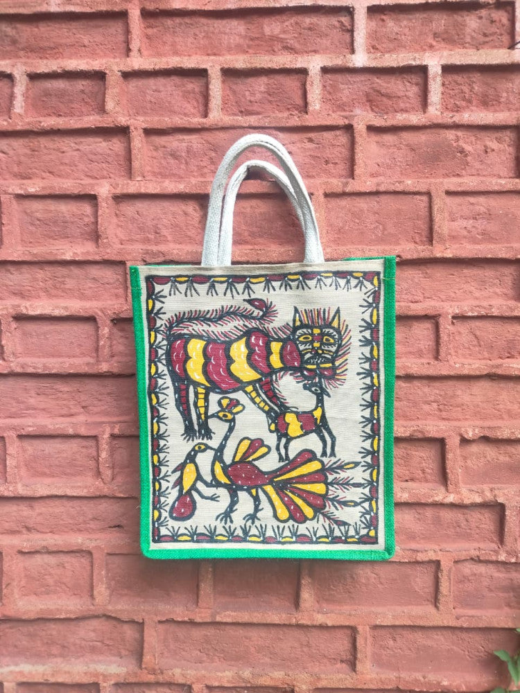 Green & Off White Khovar Jute Bag