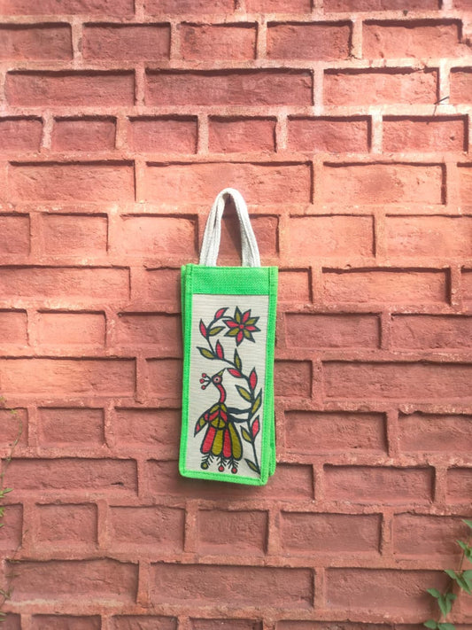 Green & Off White Khovar Jute Bottle Bag
