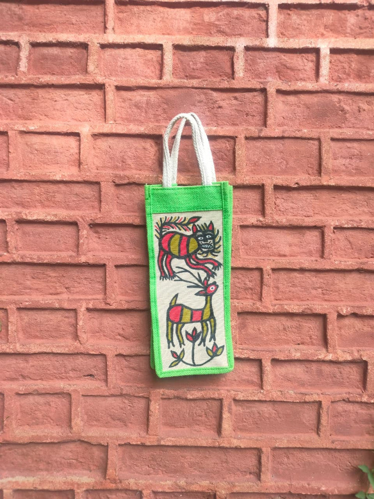 Green & Off White Khovar Jute Bottle Bag Style 1
