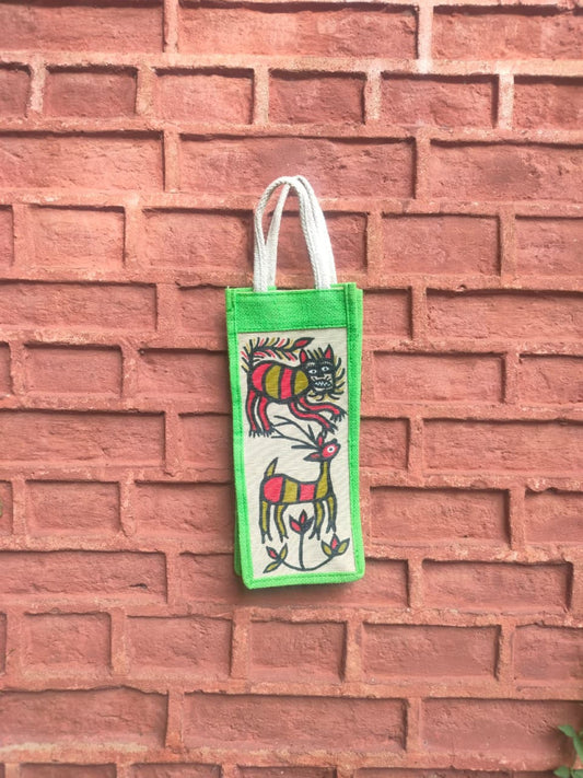 Green & Off White Khovar Jute Bottle Bag Style 1