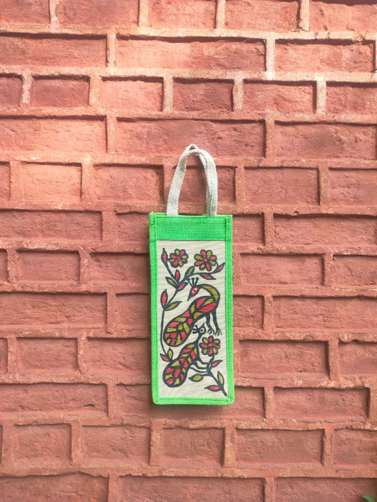 Green & Off White Khovar Jute Bottle Bag Style 2