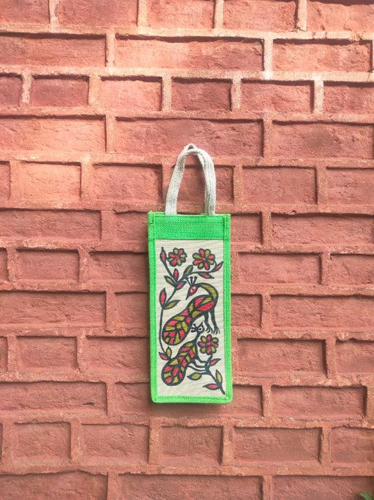 Green & Off White Khovar Jute Bottle Bag Style 2
