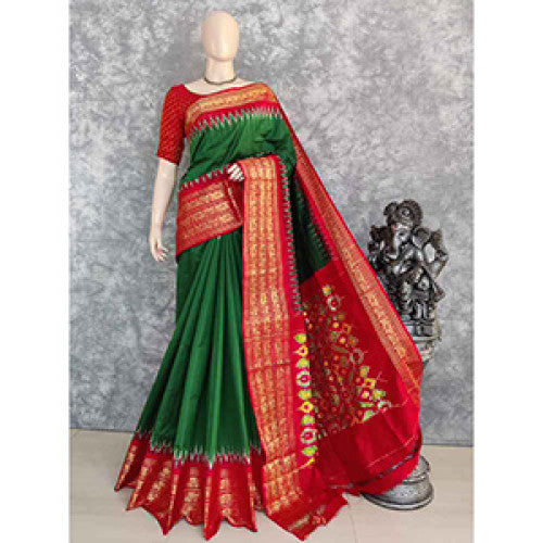 Green Pochampally Ikat Saree With Red border