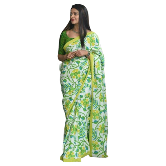 Green , Yellow and White colour Bagru Print Saree