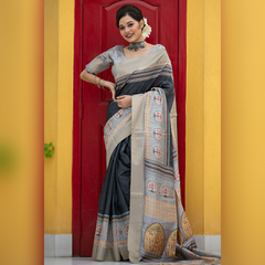 Grey Colour Kota Doria Cotton Silk Saree With Printed Border