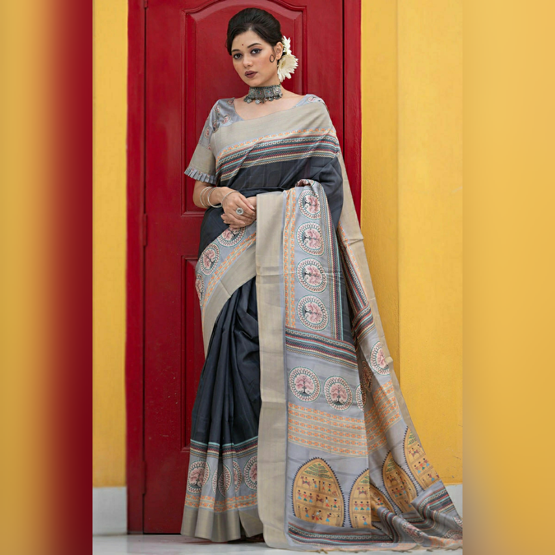 Grey Colour Kota Doria Cotton Silk Saree With Printed Border