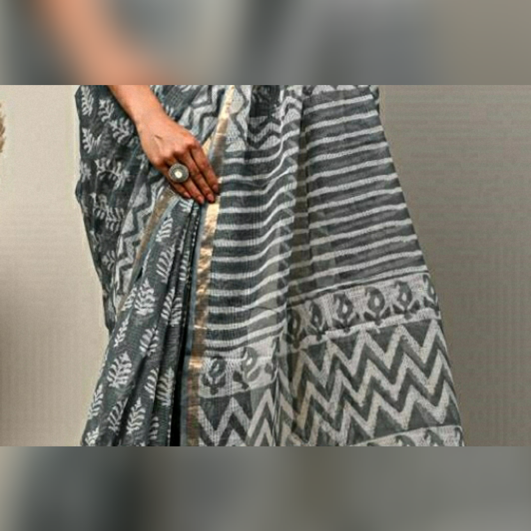 Grey Colour Printed Kota Doria Pure Cotton Saree