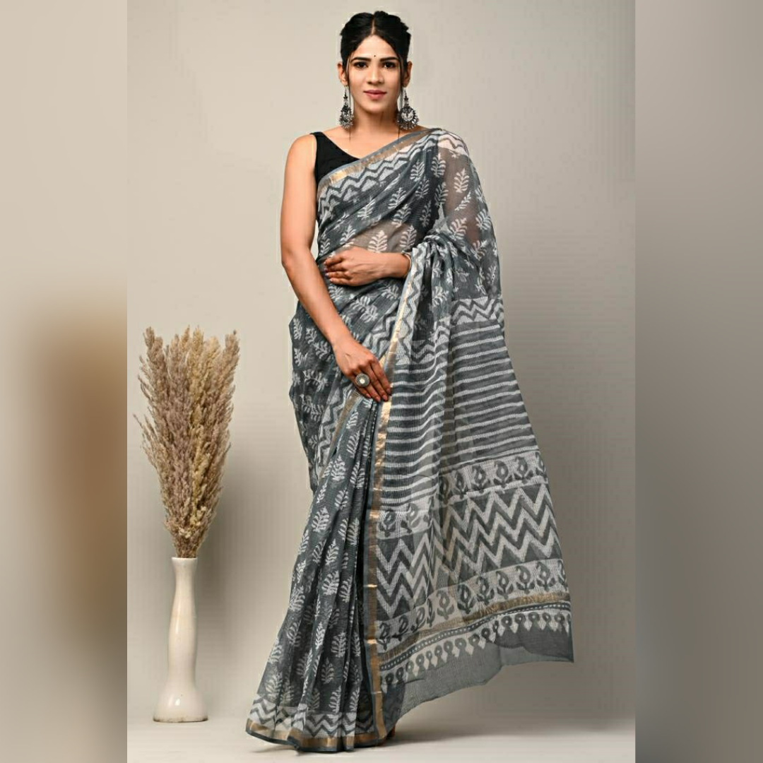 Grey Colour Printed Kota Doria Pure Cotton Saree