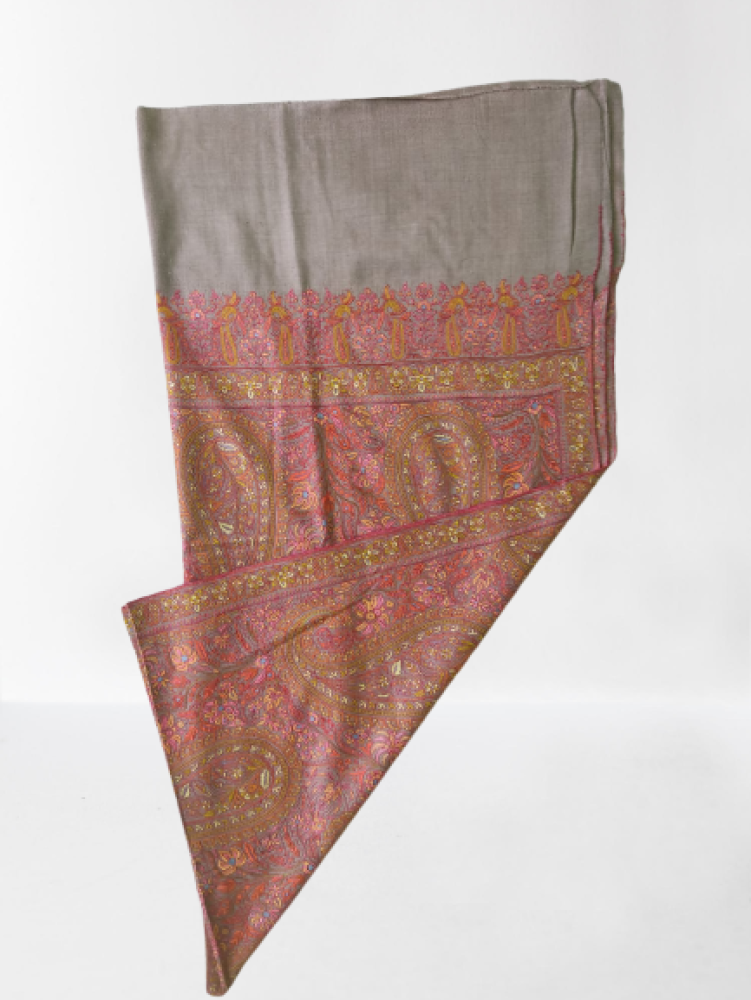 Grey With Pink Mango Designs Kani Shawl