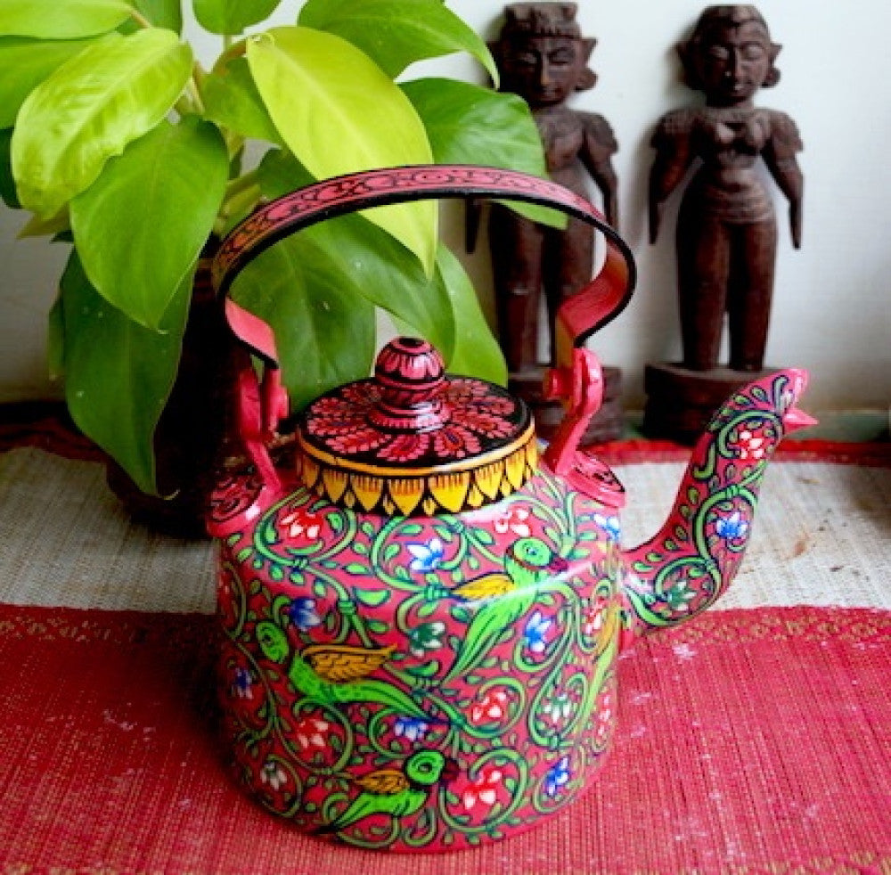 Hand-painted Pattachitra Green And Pink Kettle