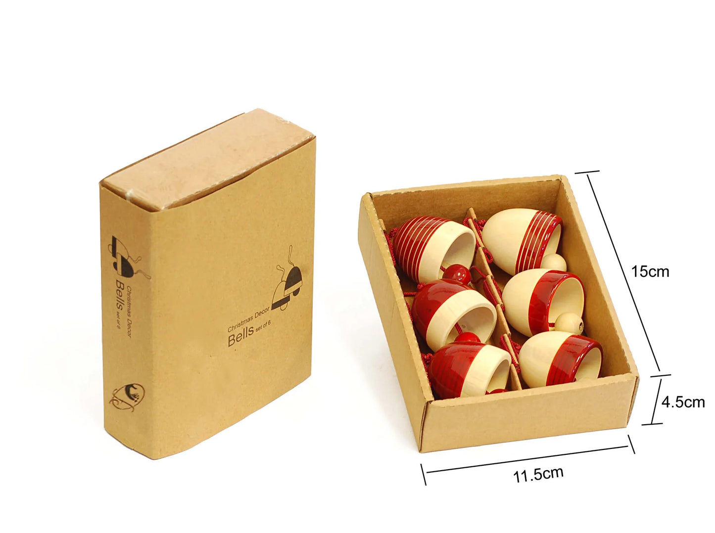Handcrafted Wooden Christmas Decor -Bells Set of 6 - Red