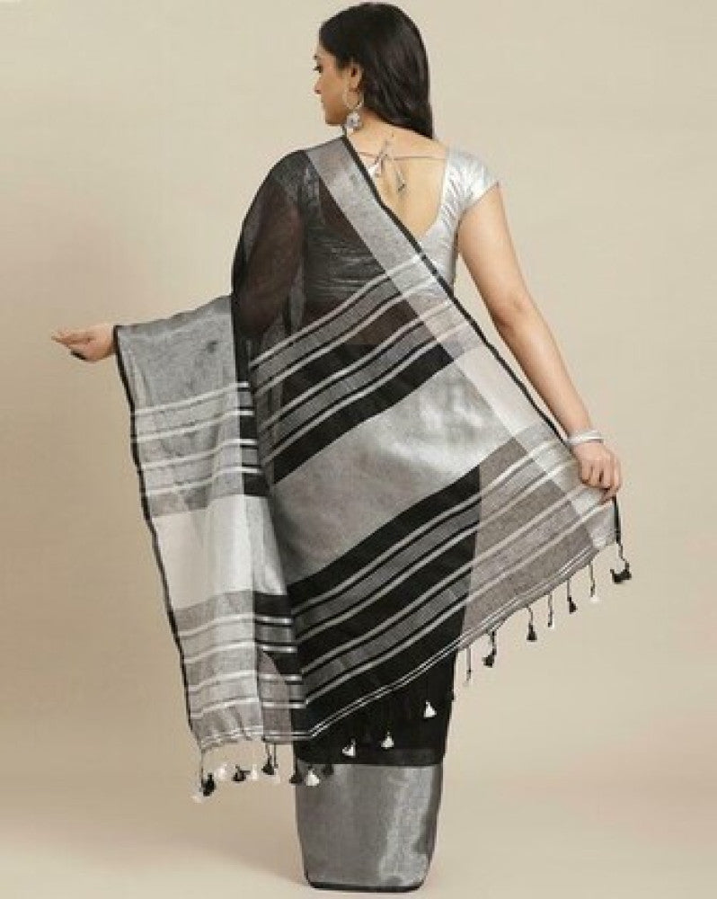 Handloom Linen Saree (Black) With Zari Border