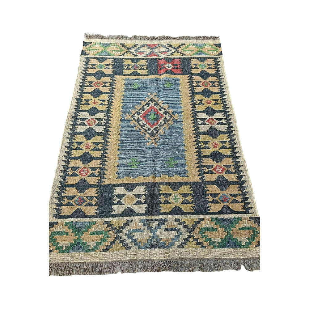 Handmade 4X6 Mirzapur Kilim Rugs Wool Jute Blue Cream