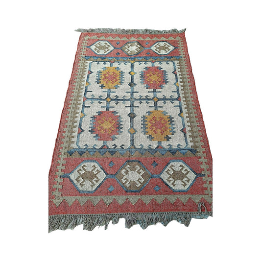 Handmade 4X6 Mirzapur Kilim Rugs Wool Jute Off White Red