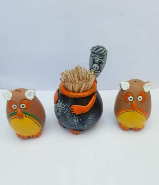 Handmade Eco-friendly Beautiful Black Pottery of Nizamabad Namakdani Set with Men face tooth pick holder